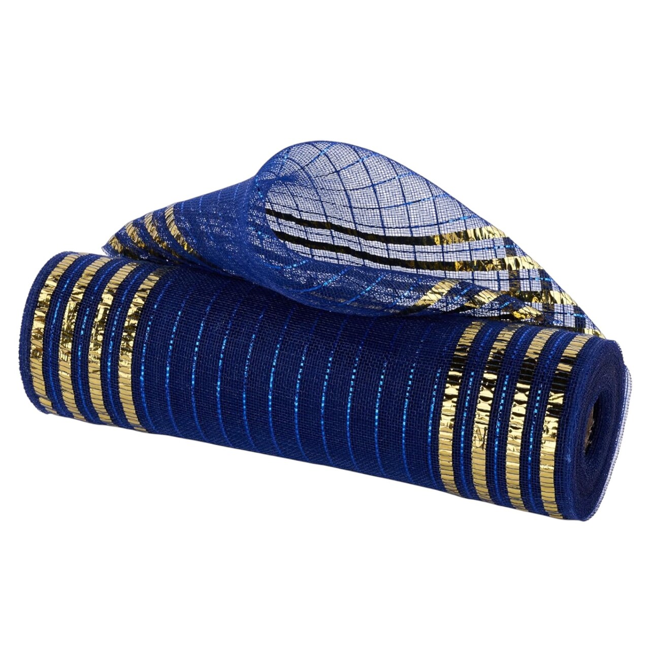 Navy Blue and Gold 10" Fine Weave Deco Poly Mesh with Metallic Laser Foil Stripes - Fabric Ribbon for Wreaths, Bows, Crafts, and Party Decorations